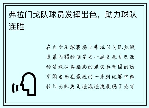 弗拉门戈队球员发挥出色，助力球队连胜